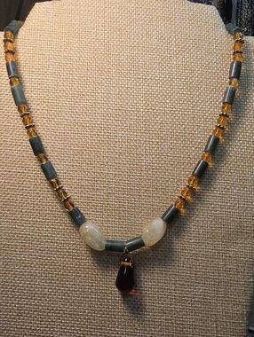 Green Tourmaline & Amber Bead Necklace w/ Dark Teardrop Pendant & Citine Accents
